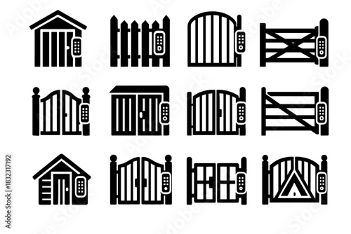 Icon rural digital park property shed fence lock farm vector icons