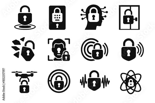 Vector futuristic icon door locks digital recognition hybrid floating panel transparent lock