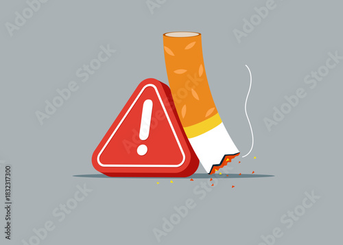Cigarette with Exclamation attention sign. Stop smoking. Flat vector illustration