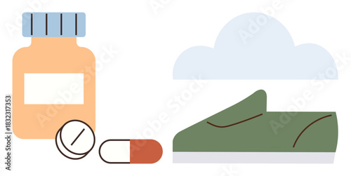 Medication bottle with pills beside a walking shoe under a cloud. Ideal for health, fitness, wellness, medicine, balance, exercise, prevention. A simple flat metaphor
