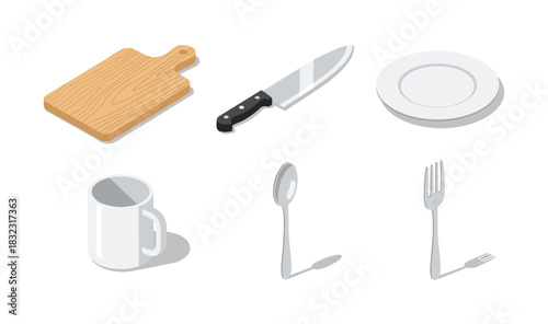 Isometric kitchen utensils: cutting board, knife, plate, mug, spoon, fork