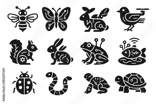 Icon digital ladybugs cyber birds worms garden cybernetic creatures vector earthworms