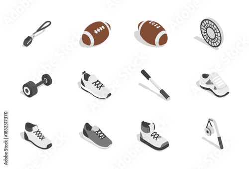 Isometric sports gear collection featuring football, sneakers, dumbbells, and jump ropes