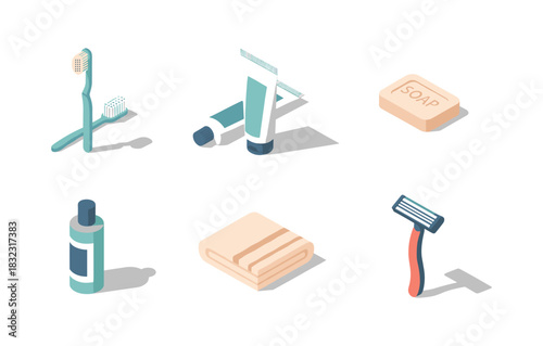 Essential bathroom items in isometric style: toothbrush, toothpaste, soap, and more
