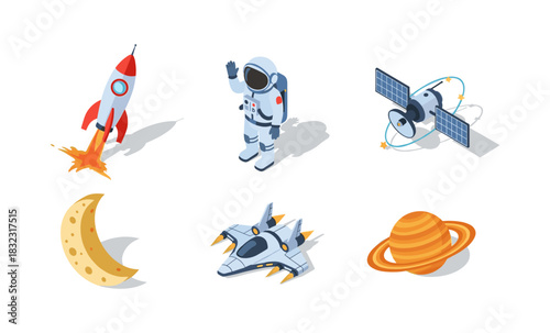 Space exploration elements with rocket, astronaut, satellite, and planets in isometric style