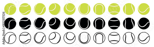 Collection of tennis or padel balls in filled yellow, black and white and outline style for sports design. Flat vector illustration isolated on white background.