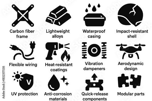 Drone parts wiring vector fiber material alloys shell design vibration icons dampeners