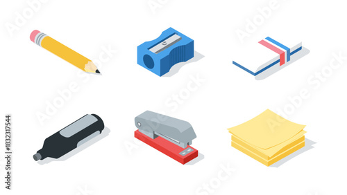 Isometric office supplies collection: pencil, sharpener, eraser, marker, stapler, sticky notes
