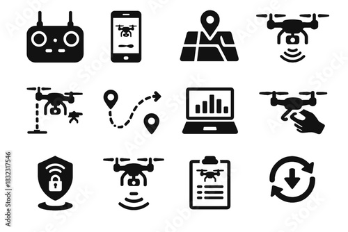Icons drone software system icon telemetry emergency encryption app updates control vector