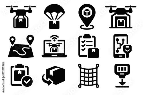 Dispatch icon drone delivery route vector dock logistics system chute sensor planner
