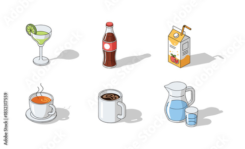 Assorted beverage icons in isometric style featuring coffee, juice, and soda with clean design