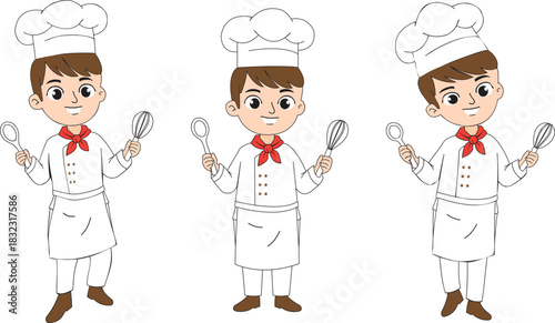 Set of funny cartoon chefs. Cute Cartoon Chef Character Vector Illustration. The male cook mascot holds a ladle and a spoon.