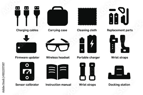 Vector spare charger sensor case icon ar headset wrist instruction updater trainer