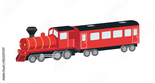 Red steam engine train with carriage in isometric style on white background