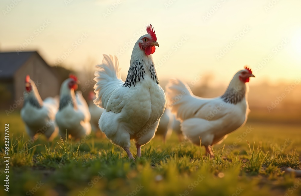 Fototapeta premium Flock of white chickens graze on green meadow. Poultry walk freely on grassland at sunset. Chickens roam on farm at countryside. Hen poultry farming bird rural agriculture concept.