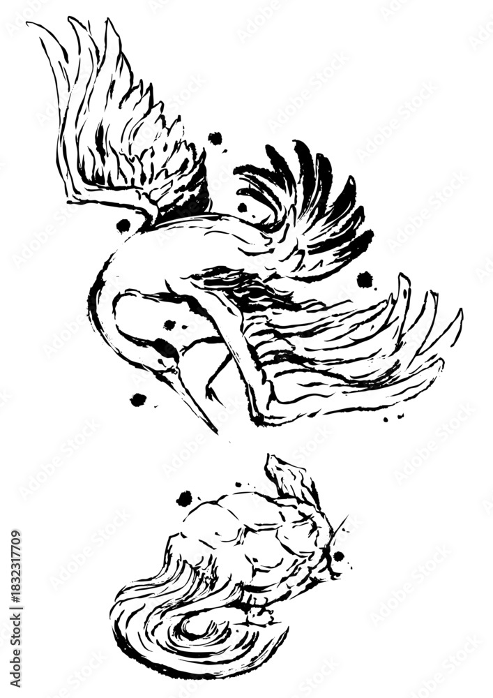 Obraz premium Crane and Turtle – Japanese Ink Painting