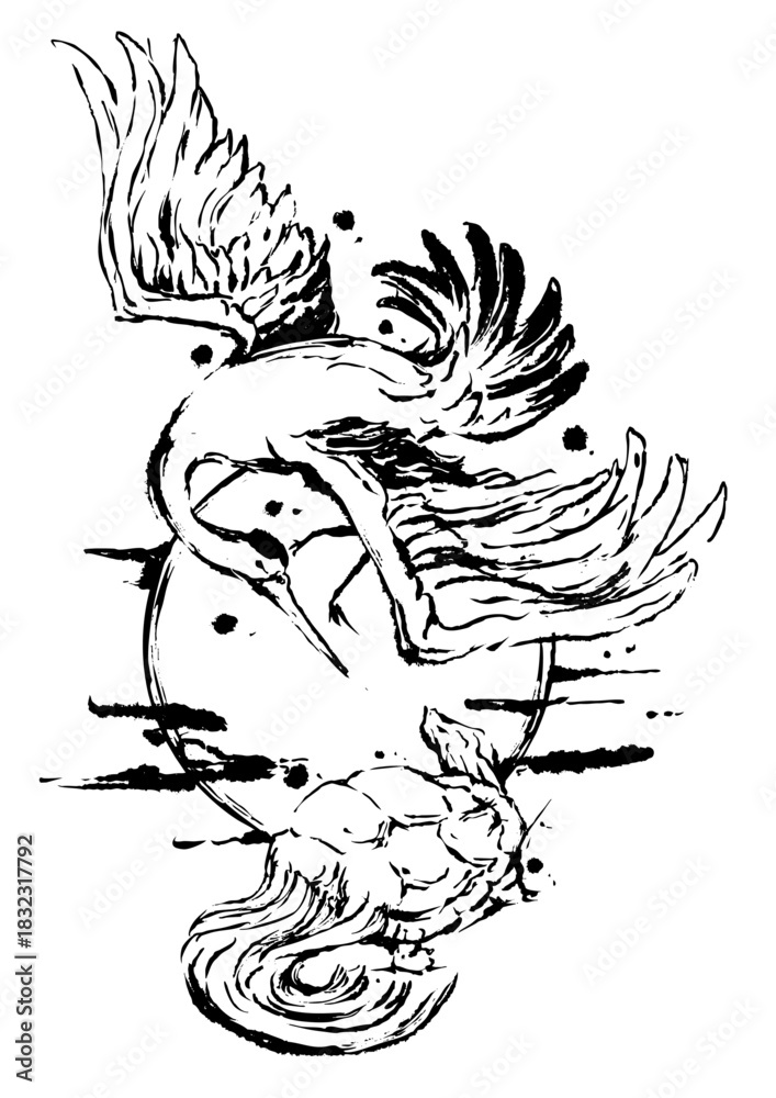 Obraz premium Sun Between Crane and Turtle – Japanese Ink Painting
