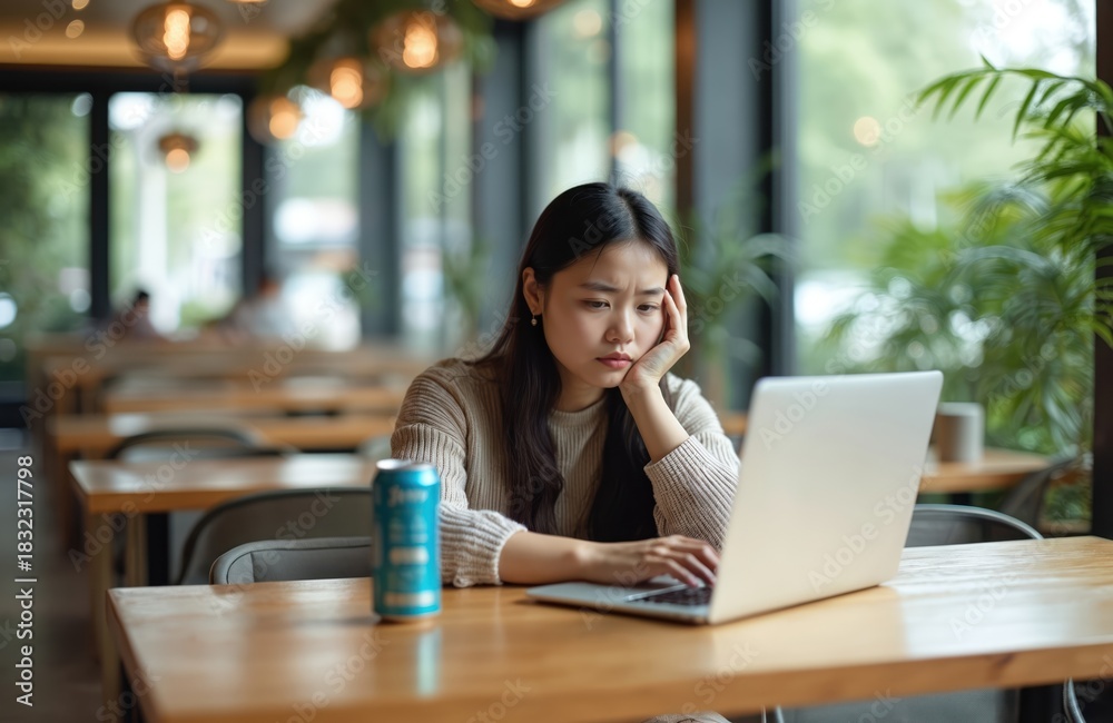 Obraz premium Tired Asian woman works on laptop in cafe with energy drink. Looks stressed, browses online info, working remotely. Job demanding, project deadline nears. Lady uses computer, surfing cyberspace.