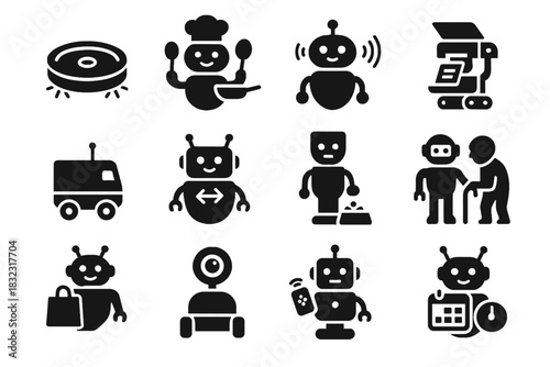 Set icon bot remote voice home assistant robot elder cooking vector
