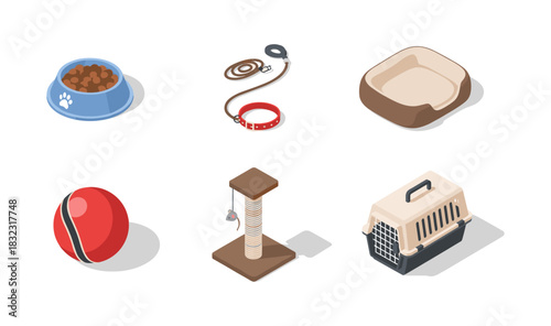 Essential pet accessories in isometric design for everyday needs