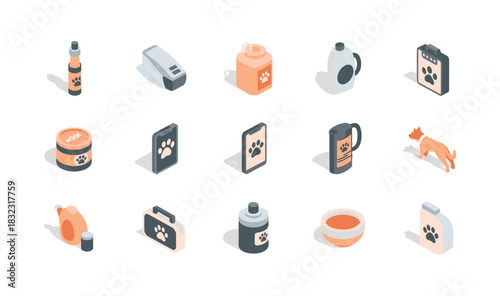 Isometric pet icons set: toys, feeding bowls, and grooming accessories