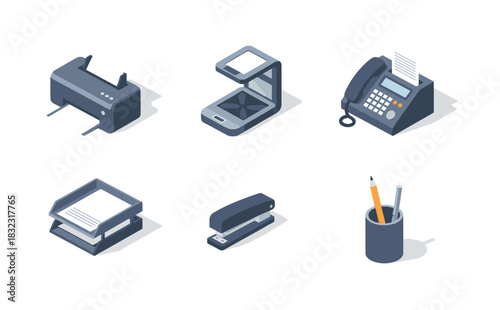 Modern office equipment isometric icons set featuring printer, scanner, telephone, and more