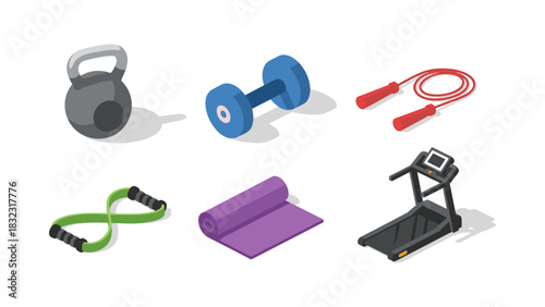 Essential home gym equipment in isometric style for workouts and fitness