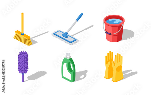 Household cleaning tools isometric design with broom, mop, and rubber gloves