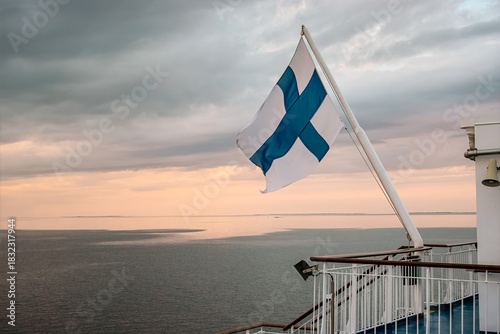 Finnish flag flying on ferry over Baltic Sea