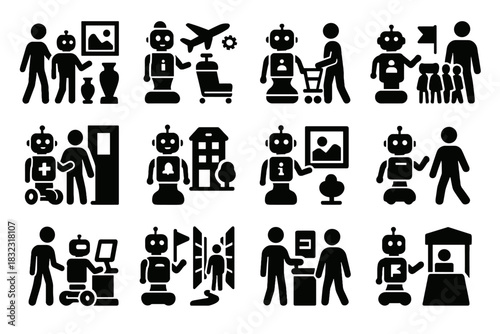 Guide registration navigation robot airport floor hotel vector icon school tour