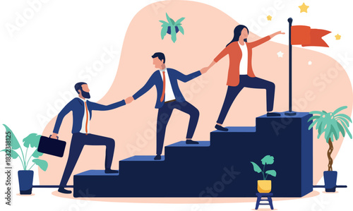 A business team of people climbing a staircase, helping each other to reach the top where a flag and a star symbolise business success, achievement, and growth, flat design vector illustration