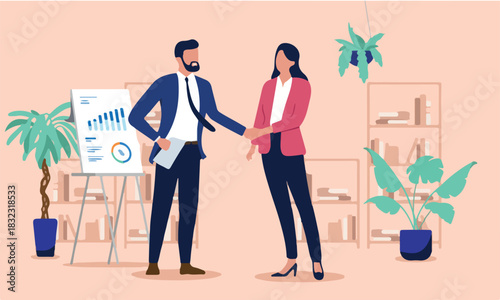 A businessman and a businesswoman shaking hands in an office, celebrating a successful deal, agreement or partnership, a flat design vector illustration