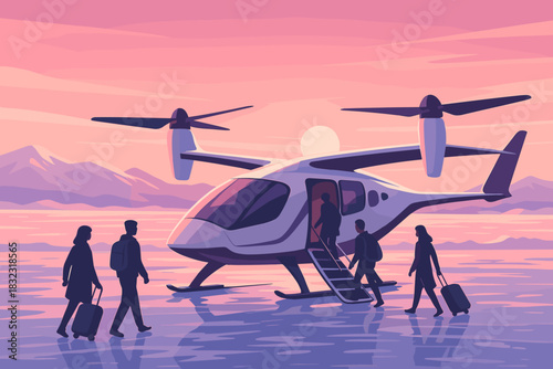 Passengers boarding electric air taxi at sunset by lake
