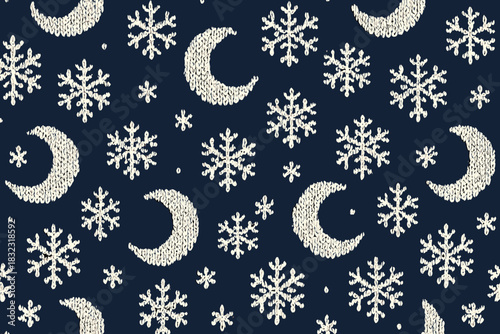 Knitted pattern with snowflakes and crescent moons on navy