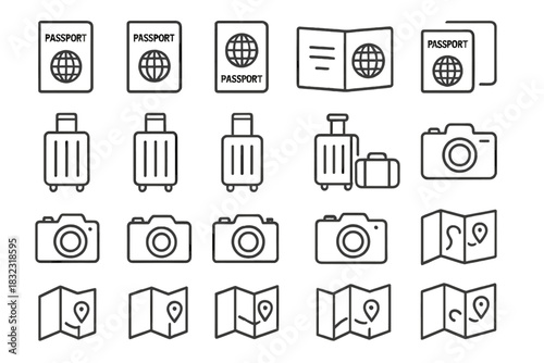 Set of travel icons including passport, luggage, camera, and map