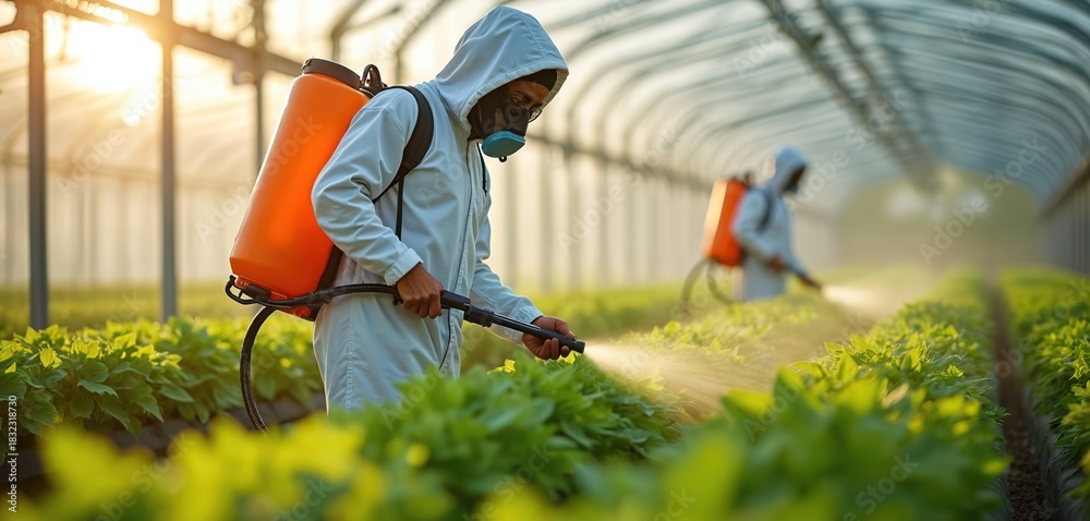 Fototapeta premium Two agricultural workers wear protective suits in a sunlit greenhouse. They spray crops with pesticide. The scene shows pest control in a farming setting. Agricultural labor involves plant treatment.