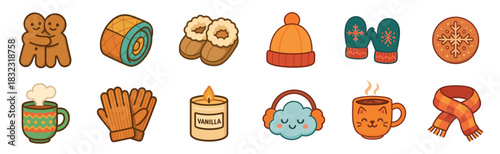 Charming set of cute winter icons featuring cozy hygge elements like gingerbread men, warm clothes, hot drinks, and a scented candle in a flat cartoon illustration style