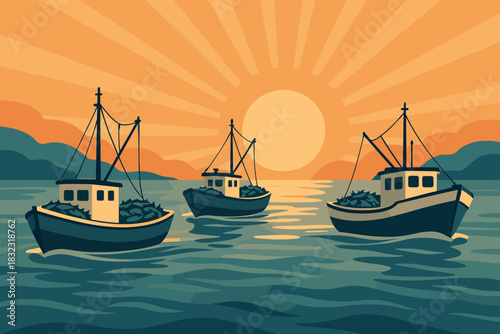 Fishing boats at sea during sunset in stylized vector art