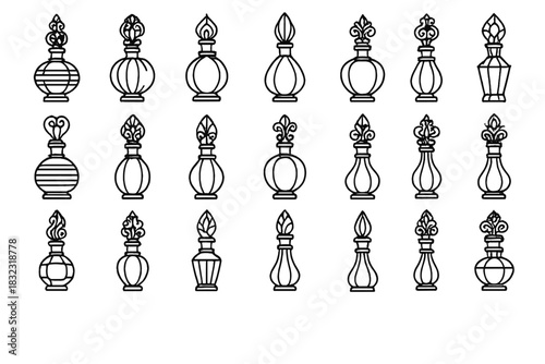Set of ornate vintage perfume bottle icons on dark background