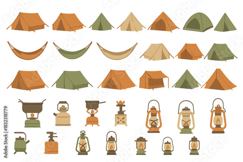 Set of hand-drawn camping gear icons with tents and lanterns
