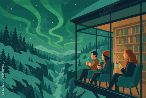 Cozy cabin scene with people watching northern lights