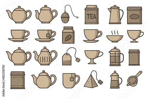 Set of vintage tea icons with teapots, cups, and tins