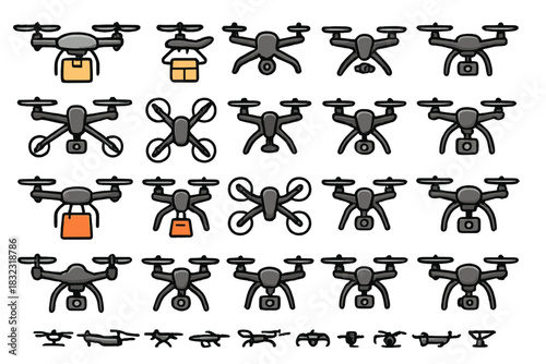 Set of modern drone icons with cameras and delivery boxes