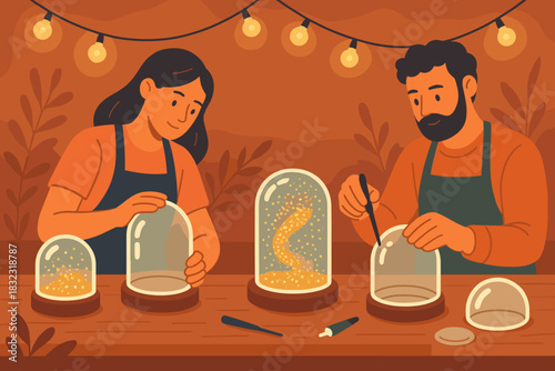 Couple crafting glowing domes in cozy indoor workshop