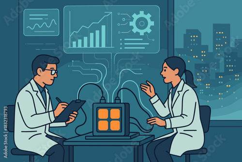 Scientists discussing energy research in futuristic lab