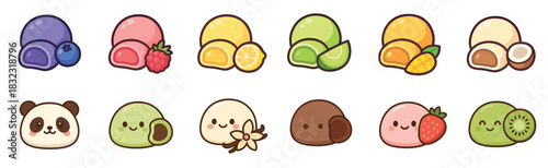 Cute kawaii mochi character set with various fruit flavors like strawberry, mango, and lemon, presented as a colorful collection of sweet Asian dessert illustrations