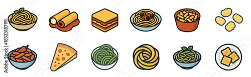 Collection of colorful Italian food icons featuring various pasta dishes, pizza, lasagna, gnocchi, and ravioli, presented in a vibrant, simple, and appetizing cartoon flat design style