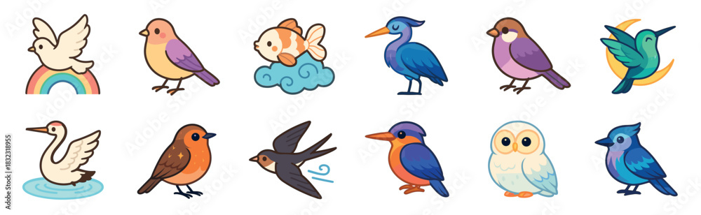 Fototapeta premium Cute cartoon bird and animal illustration set featuring a dove, owl, swan, and goldfish in a charming kawaii sticker style for children's design