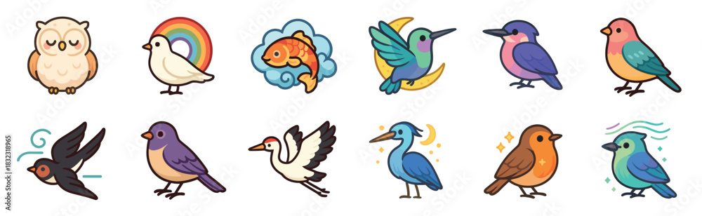 Fototapeta premium Delightful set of various cute animal characters featuring birds like an owl, crane, and robin, plus a fish, all designed in a charming and colorful flat cartoon illustration style