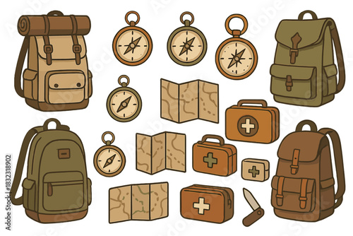 Set of hand-drawn camping and hiking gear icons
